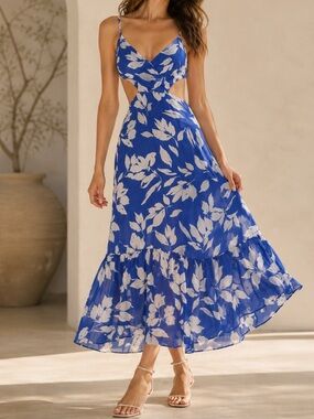 Blue Floral Maxi Dress - Summer Dress with Cut-Outs